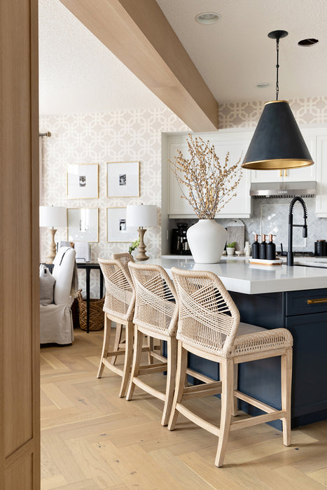 mahogany wood frame with intricate rope weave design and fixed upholstered seat cream linen cushion shopkohendesign interior design calgary online furniture shop amy koehn