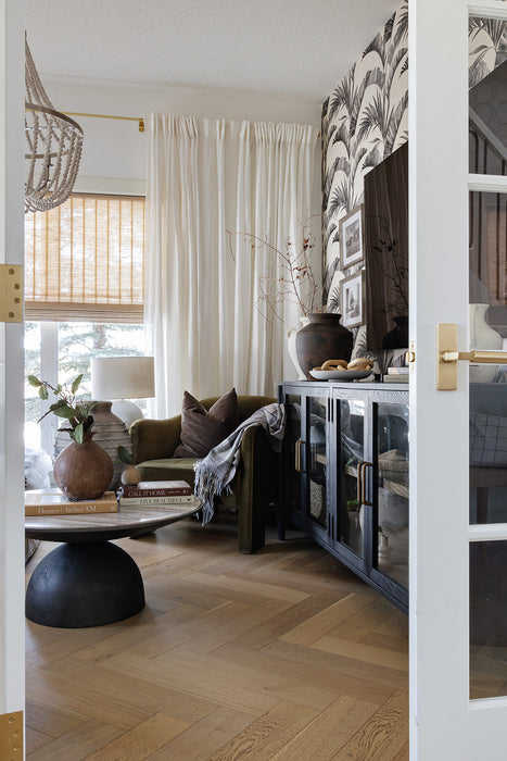 matte black sideboaard with wooden shelving, glass doors and gold hardware tv stand, ssideboard, console table living room tv room shopkoehndesign calgary furniture shop amy koehn koehndesign consulting calgary