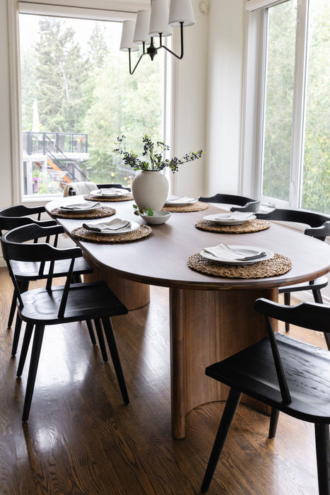 acacia dining table  acacia  solid wood  dining table  interior design  calgary designer  koehndesign  yyclifestyle  yycliving  art deco  calgary  calgary furniture shop  calgary furniture  canada  casual comfort  clean lines  dark wood table  furniture  mid century design  retro  round  round edge  shopkoehndesign