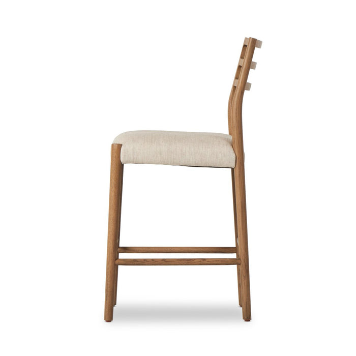 The classic ladderback counter stool smoked oak frames a squared cotton- and linen-blend seat shopkohendesign calgary furniture shop amy koehn calgary designer