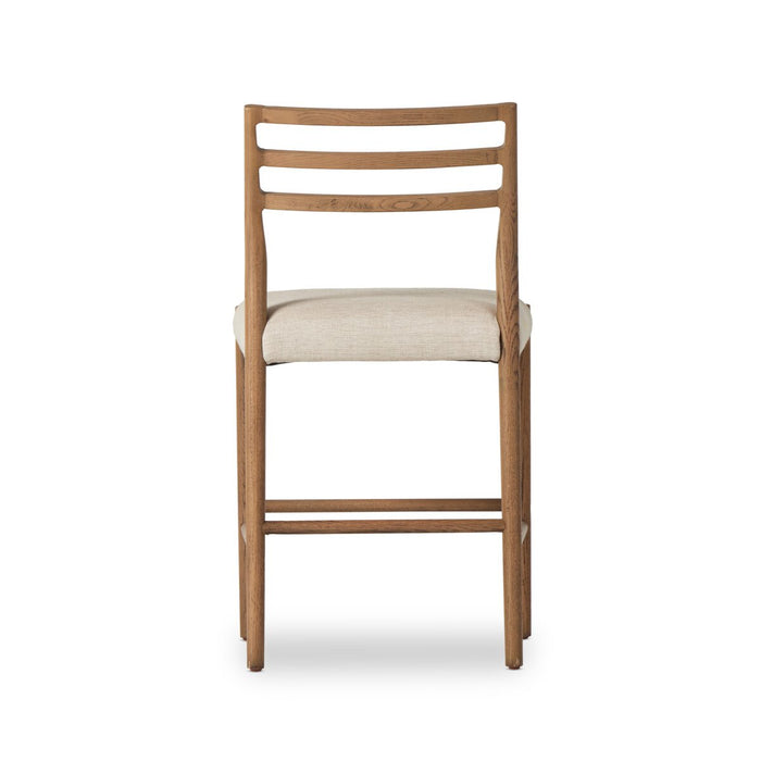 The classic ladderback counter stool smoked oak frames a squared cotton- and linen-blend seat shopkohendesign calgary furniture shop amy koehn calgary designer