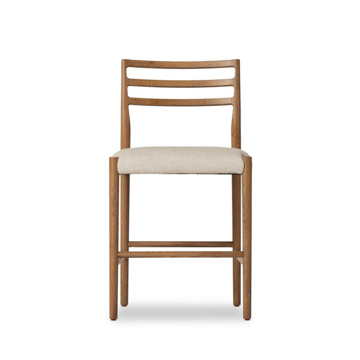 The classic ladderback counter stool smoked oak frames a squared cotton- and linen-blend seat shopkohendesign calgary furniture shop amy koehn calgary designer