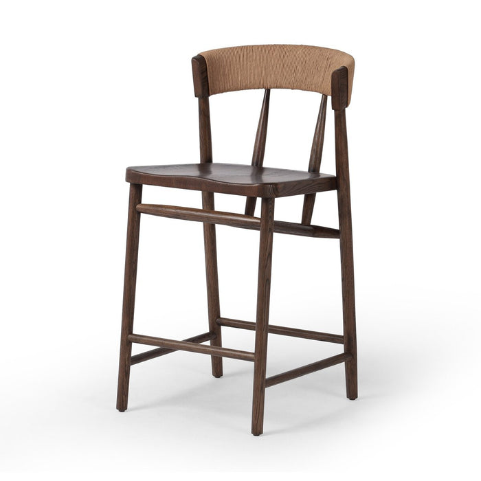 solid oak stool with tapered legs and a paper rush wrapped back rest sculpted seat counter stool shopkoehndesign calgary furnitue shop amy koehn calgary designer