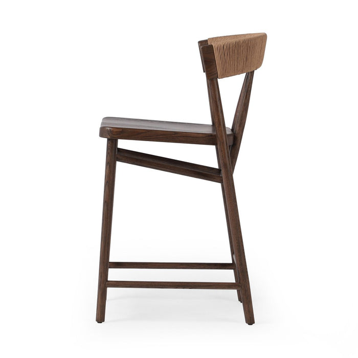 solid oak stool with tapered legs and a paper rush wrapped back rest sculpted seat counter stool shopkoehndesign calgary furnitue shop amy koehn calgary designer