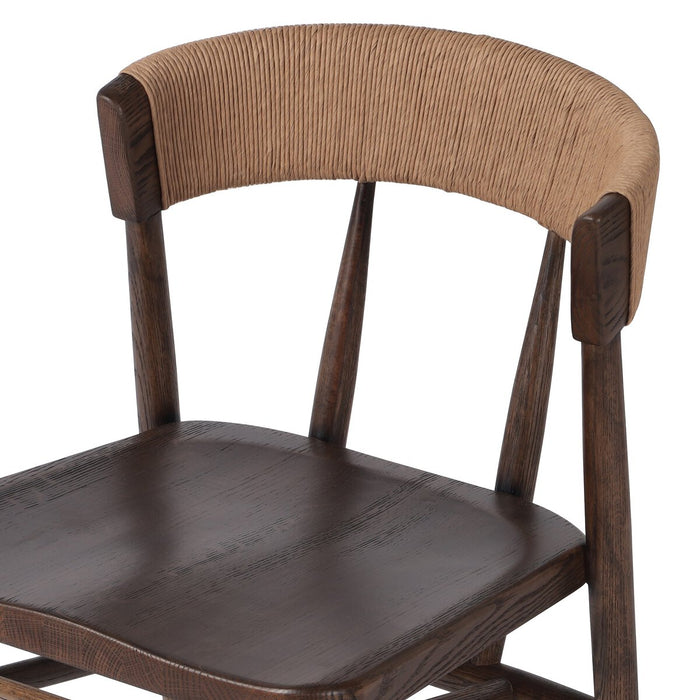 solid oak stool with tapered legs and a paper rush wrapped back rest sculpted seat counter stool shopkoehndesign calgary furnitue shop amy koehn calgary designer