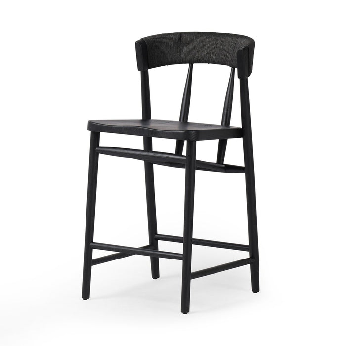 solid oak stool with tapered legs and angled seat and rattan wrapped paper rush back rest in black solid oak shopkoehndesign calgary furniture shop amy koehn calgary designer