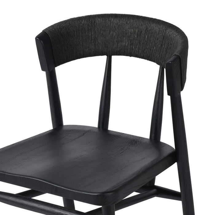 solid oak stool with tapered legs and angled seat and rattan wrapped paper rush back rest in black solid oak shopkoehndesign calgary furniture shop amy koehn calgary designer