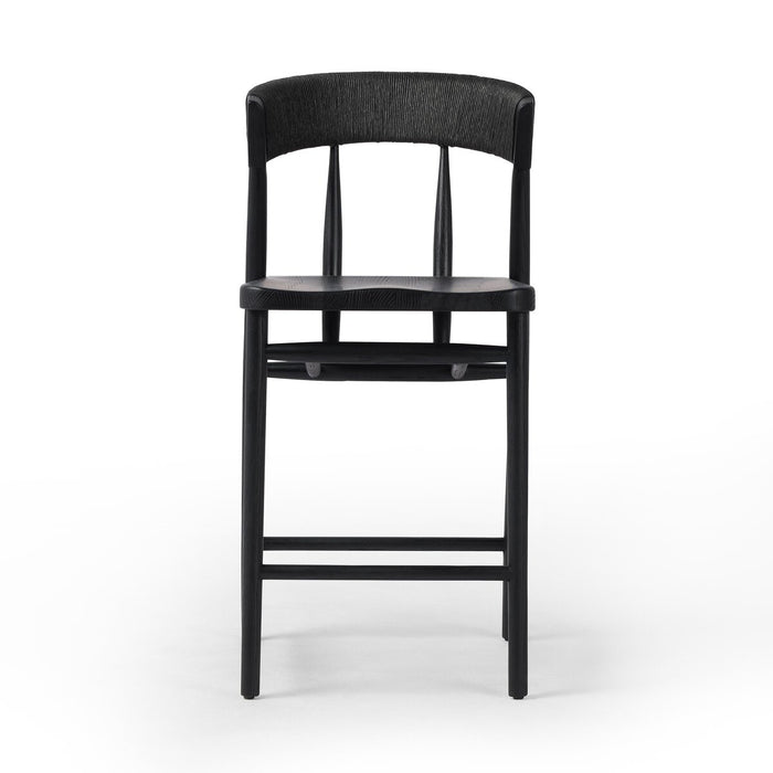 solid oak stool with tapered legs and angled seat and rattan wrapped paper rush back rest in black solid oak shopkoehndesign calgary furniture shop amy koehn calgary designer