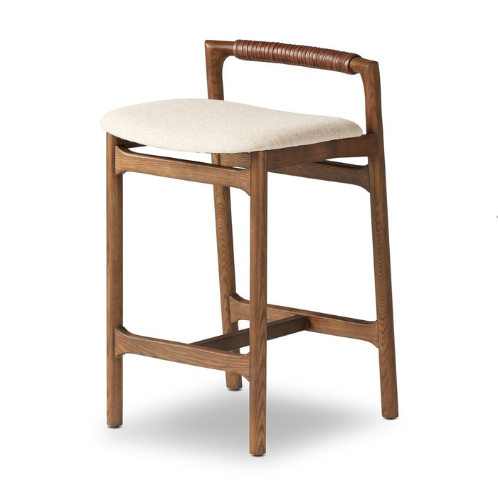 minimalist frame with low back leather wrapped linen blend cushion counter stool amy koehn calgary desginer shopkoehndesign calgary furniture shop
