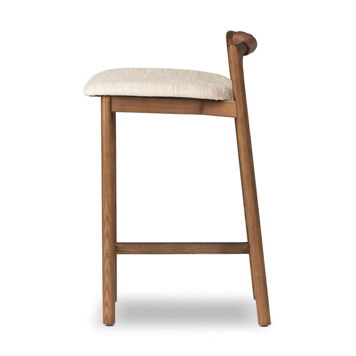 minimalist frame with low back leather wrapped linen blend cushion counter stool amy koehn calgary desginer shopkoehndesign calgary furniture shop