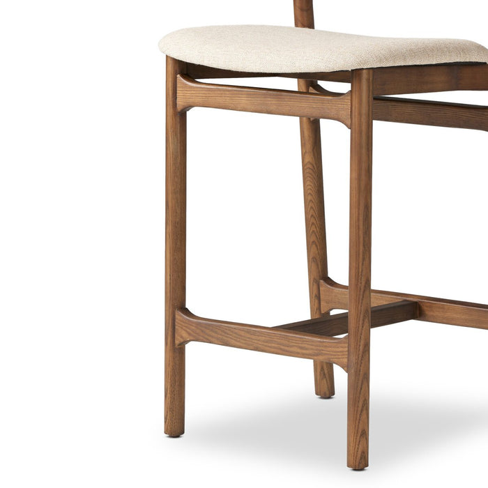 minimalist frame with low back leather wrapped linen blend cushion counter stool amy koehn calgary desginer shopkoehndesign calgary furniture shop