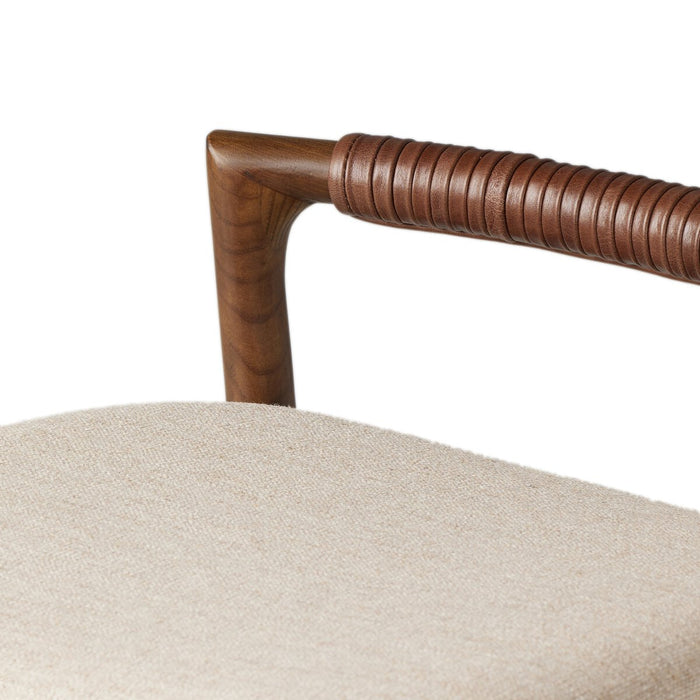 minimalist frame with low back leather wrapped linen blend cushion counter stool amy koehn calgary desginer shopkoehndesign calgary furniture shop