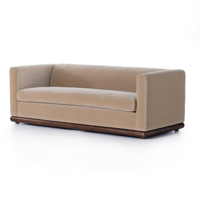 art deco inspired velvet taupe wood base clean line sofa amy koehn calgary designer calgary furniture shop
