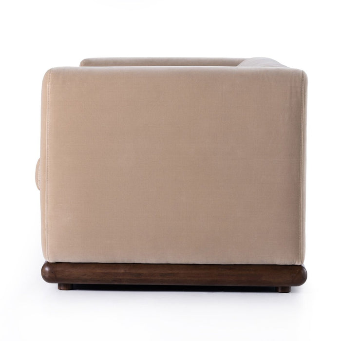 art deco inspired velvet taupe wood base clean line sofa amy koehn calgary designer calgary furniture shop