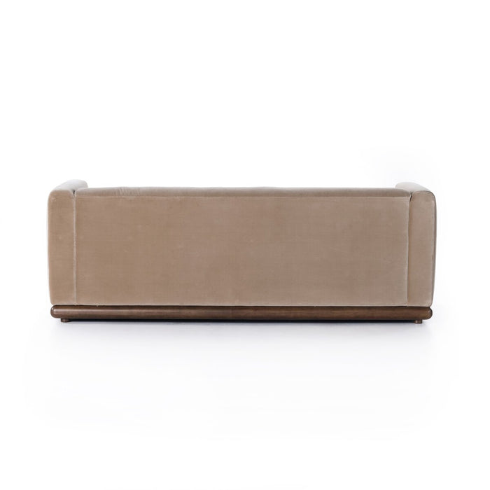 art deco inspired velvet taupe wood base clean line sofa amy koehn calgary designer calgary furniture shop