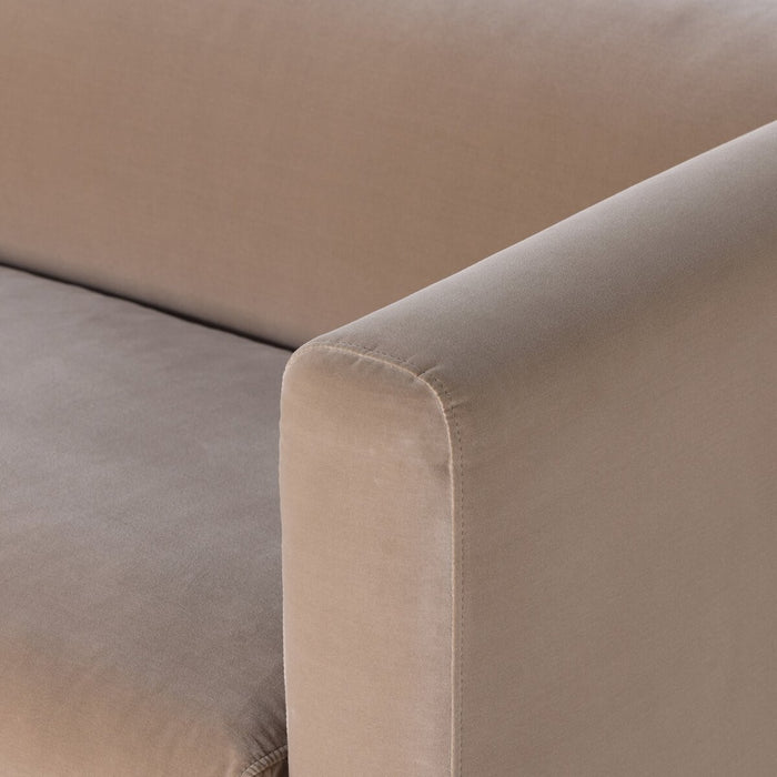 art deco inspired velvet taupe wood base clean line sofa amy koehn calgary designer calgary furniture shop