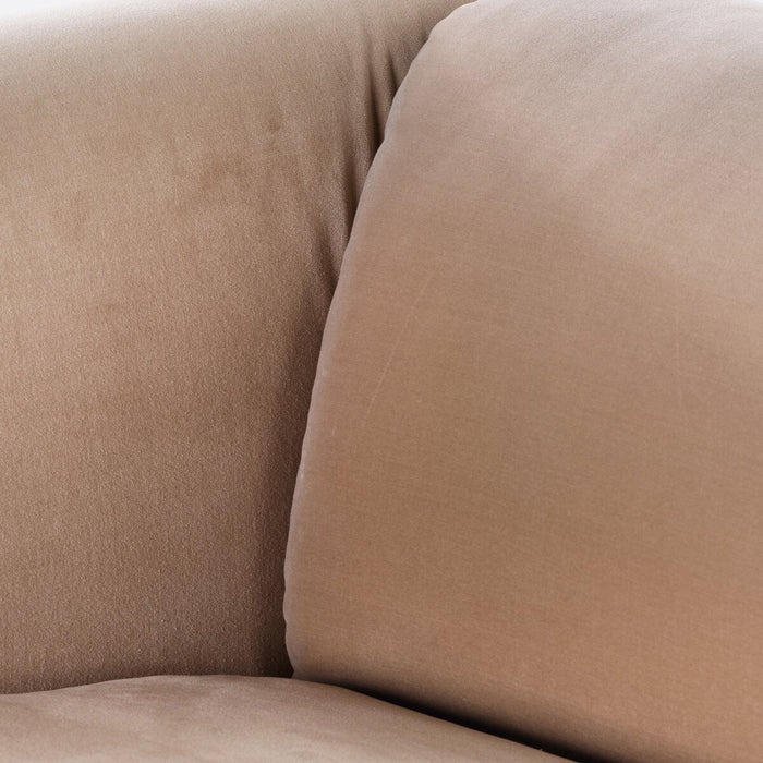 art deco inspired velvet taupe wood base clean line sofa amy koehn calgary designer calgary furniture shop