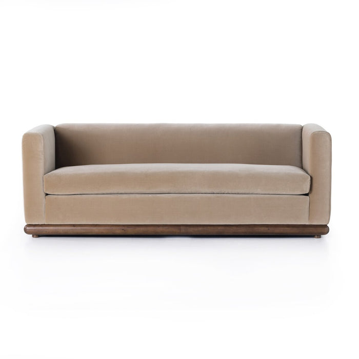 art deco inspired velvet taupe wood base clean line sofa amy koehn calgary designer calgary furniture shop
