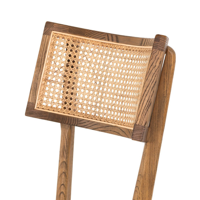 warm wood stool with inlay of natural cane and linen blend cushions modern  counter stool shopkoehndesign interior design calgary amy koehn calgary furniture shop