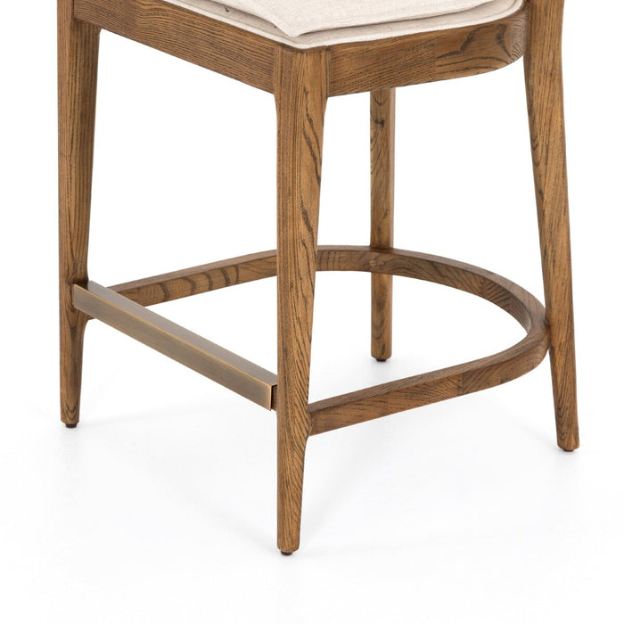 warm wood stool with inlay of natural cane and linen blend cushions modern  counter stool shopkoehndesign interior design calgary amy koehn calgary furniture shop