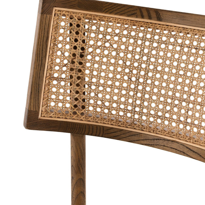 warm wood stool with inlay of natural cane and linen blend cushions modern  counter stool shopkoehndesign interior design calgary amy koehn calgary furniture shop