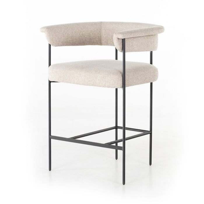 slim, black-finished iron framing, camel-colored upholstery counter stool shopkoehndesign interior design calgary designer calgary furniture shop online