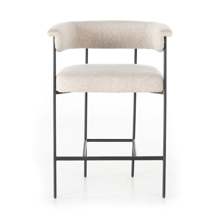 slim, black-finished iron framing, camel-colored upholstery counter stool shopkoehndesign interior design calgary designer calgary furniture shop online