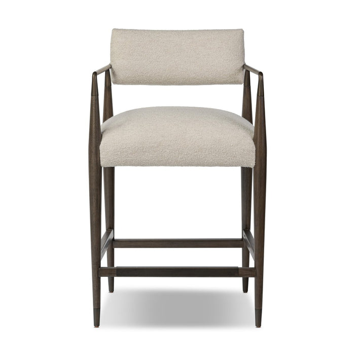 slim angular frame bronze metal rubberwood mix with linen blend performance fabric counter stool shopkoehndesign calary furniture shop amy koehn calgary designer