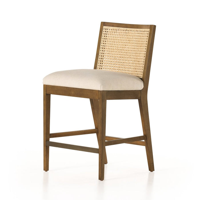wood frame armless cane inlay linen blend cushion counter stool shopkohendesign calgary furniture shop amy koehn calgary designer