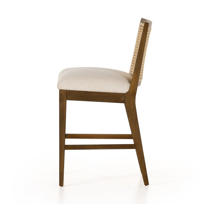 wood frame armless cane inlay linen blend cushion counter stool shopkohendesign calgary furniture shop amy koehn calgary designer
