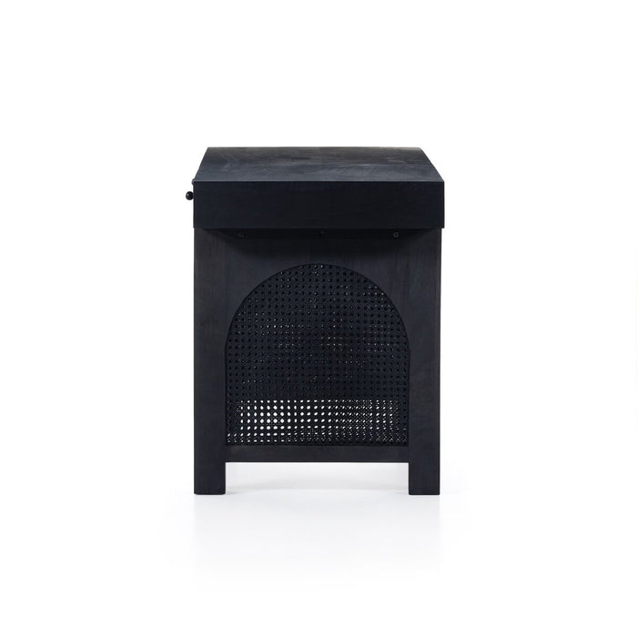 black washed mango desk with cane inlay legs and blackwashed hardware with two drawers monochromatic desk shopkoehndesign calgsary furniture shop amy koehn calgary designer
