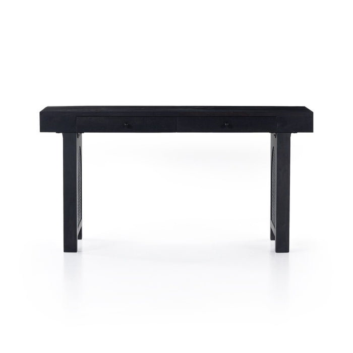 black washed mango desk with cane inlay legs and blackwashed hardware with two drawers monochromatic desk shopkoehndesign calgsary furniture shop amy koehn calgary designer