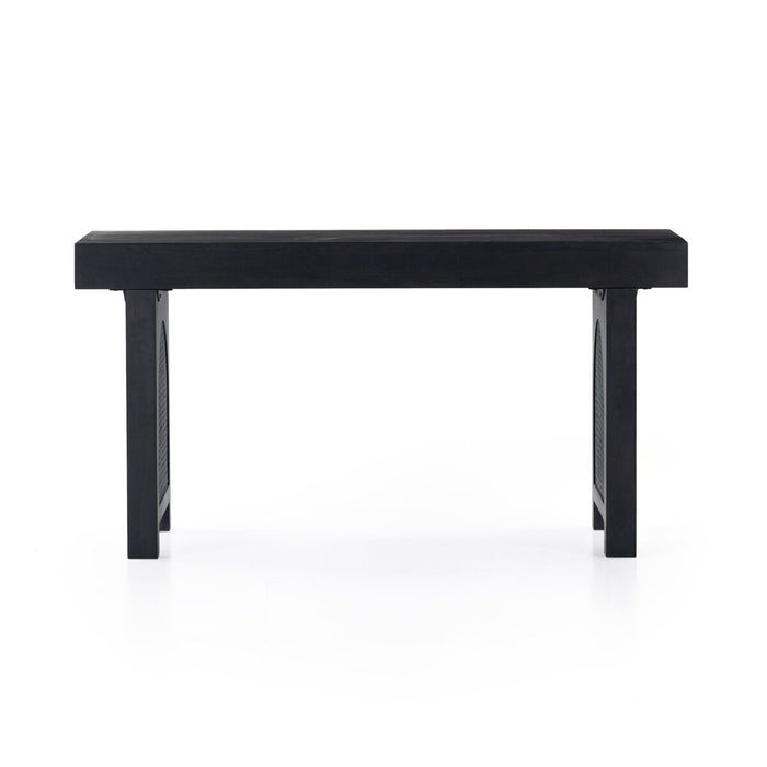 black washed mango desk with cane inlay legs and blackwashed hardware with two drawers monochromatic desk shopkoehndesign calgsary furniture shop amy koehn calgary designer