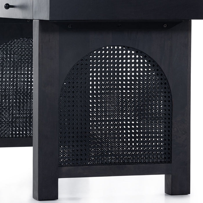 black washed mango desk with cane inlay legs and blackwashed hardware with two drawers monochromatic desk shopkoehndesign calgsary furniture shop amy koehn calgary designer