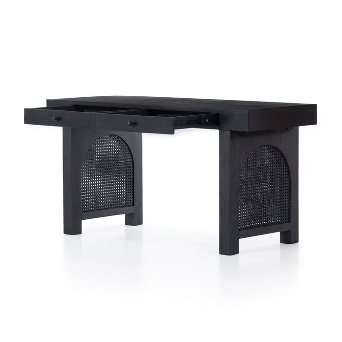 black washed mango desk with cane inlay legs and blackwashed hardware with two drawers monochromatic desk shopkoehndesign calgsary furniture shop amy koehn calgary designer