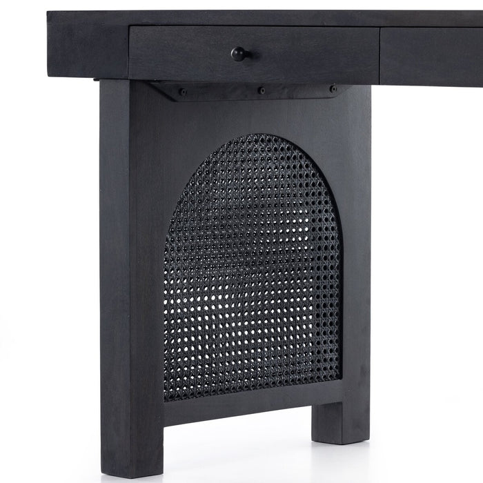black washed mango desk with cane inlay legs and blackwashed hardware with two drawers monochromatic desk shopkoehndesign calgsary furniture shop amy koehn calgary designer