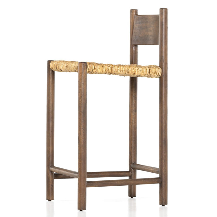 solid mango forms a clean, angular frame for a woven banana leaf seat counter stool shopkoehndesign calgary furniture shop amy koehn calgary designer