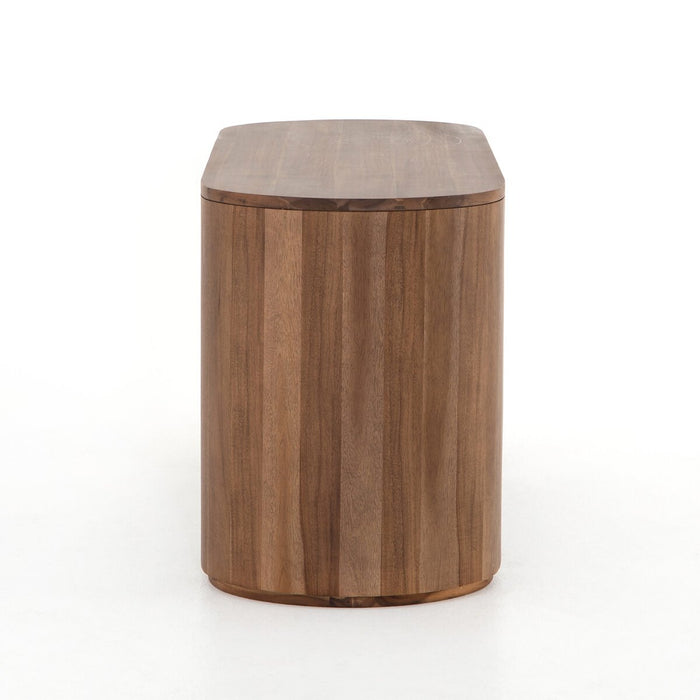 Finished in a rich caramel brown, acacia forms a pill-inspired shape to nod Eighties-era design. Half-cylinder bases feature open interior shelving, with two top pencil drawers to keep supplies handy desk shopkoehndesign calgayr furniture shop amy koehn calgry designer
