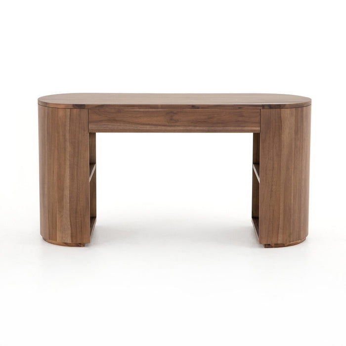 Finished in a rich caramel brown, acacia forms a pill-inspired shape to nod Eighties-era design. Half-cylinder bases feature open interior shelving, with two top pencil drawers to keep supplies handy desk shopkoehndesign calgayr furniture shop amy koehn calgry designer
