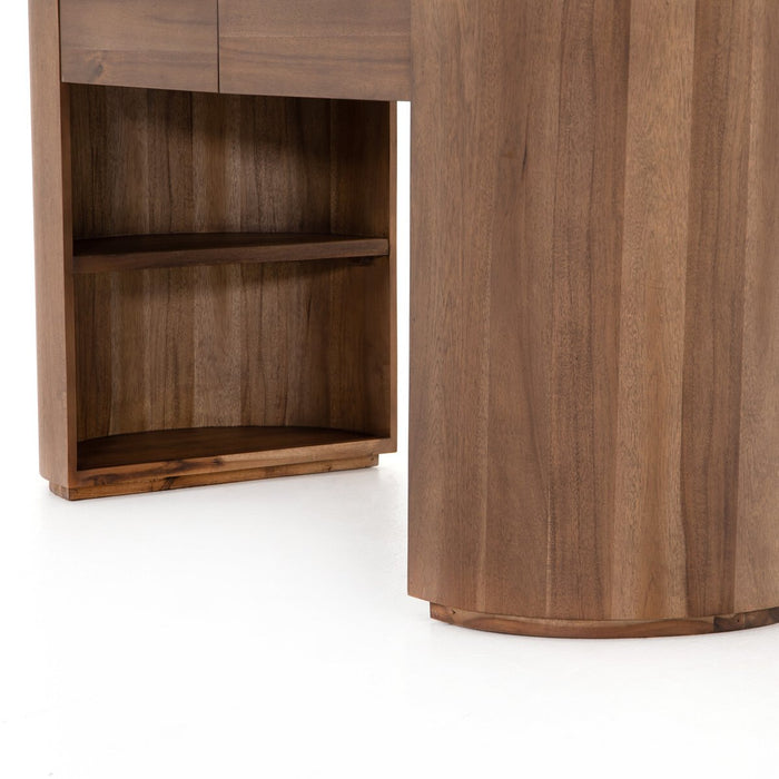 Finished in a rich caramel brown, acacia forms a pill-inspired shape to nod Eighties-era design. Half-cylinder bases feature open interior shelving, with two top pencil drawers to keep supplies handy desk shopkoehndesign calgayr furniture shop amy koehn calgry designer