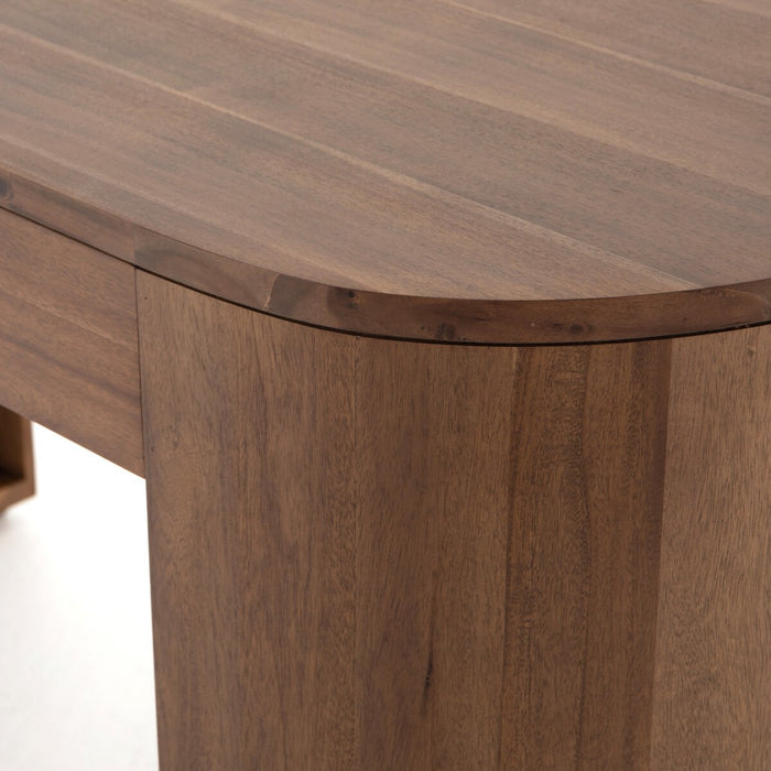 Finished in a rich caramel brown, acacia forms a pill-inspired shape to nod Eighties-era design. Half-cylinder bases feature open interior shelving, with two top pencil drawers to keep supplies handy desk shopkoehndesign calgayr furniture shop amy koehn calgry designer