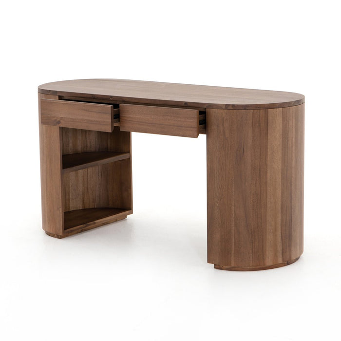 Finished in a rich caramel brown, acacia forms a pill-inspired shape to nod Eighties-era design. Half-cylinder bases feature open interior shelving, with two top pencil drawers to keep supplies handy desk shopkoehndesign calgayr furniture shop amy koehn calgry designer