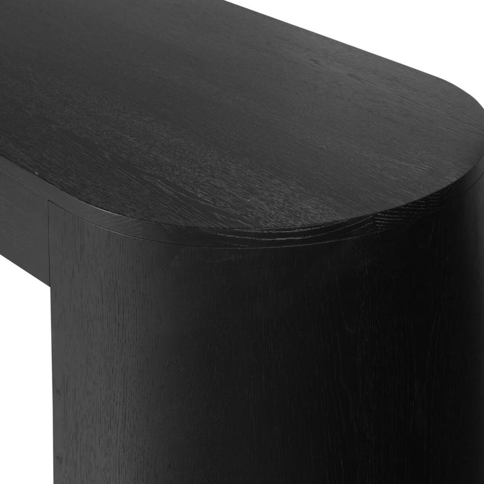 brushed ebony, solid oak veneers form a pill-inspired shape Half-cylinder bases feature open interior shelving, with two top pencil drawers to keep supplies handy with this desk shopkoendesign calary furniture shop amy koehn calgary designer