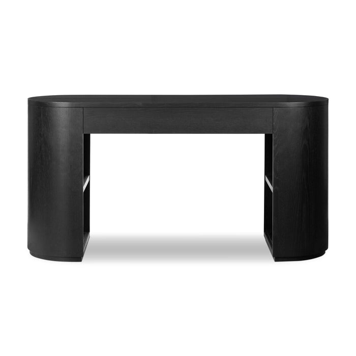 brushed ebony, solid oak veneers form a pill-inspired shape Half-cylinder bases feature open interior shelving, with two top pencil drawers to keep supplies handy with this desk shopkoendesign calary furniture shop amy koehn calgary designer