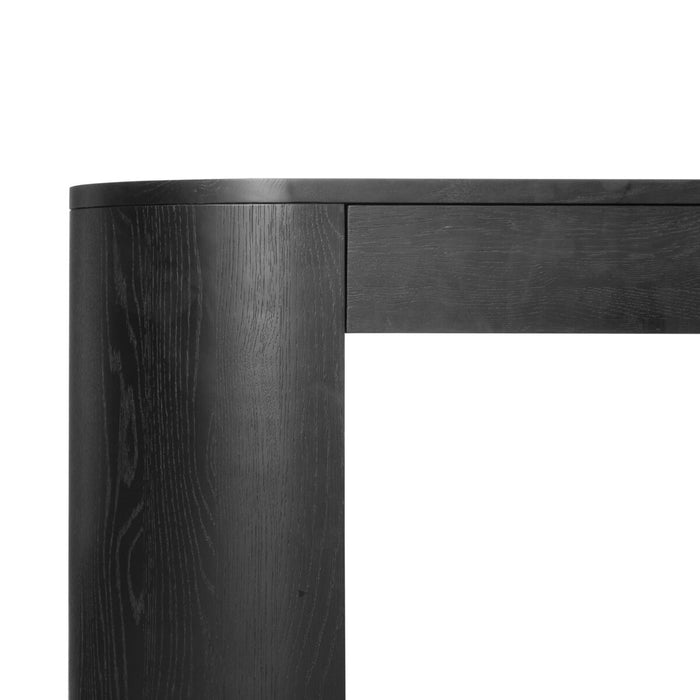brushed ebony, solid oak veneers form a pill-inspired shape Half-cylinder bases feature open interior shelving, with two top pencil drawers to keep supplies handy with this desk shopkoendesign calary furniture shop amy koehn calgary designer