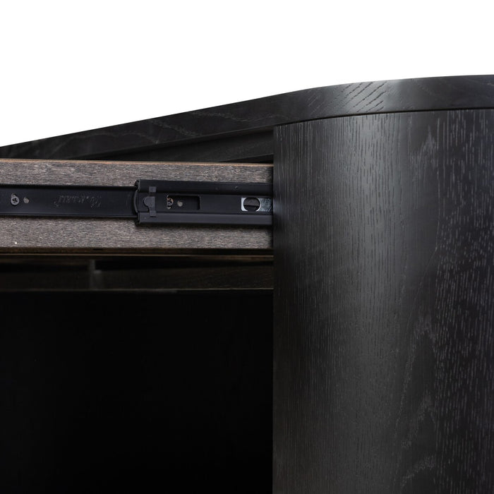 brushed ebony, solid oak veneers form a pill-inspired shape Half-cylinder bases feature open interior shelving, with two top pencil drawers to keep supplies handy with this desk shopkoendesign calary furniture shop amy koehn calgary designer