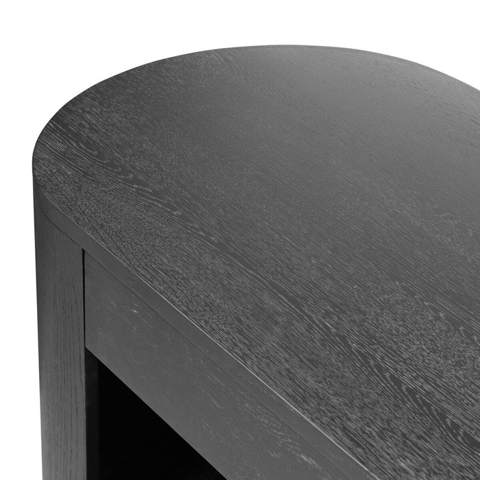 brushed ebony, solid oak veneers form a pill-inspired shape Half-cylinder bases feature open interior shelving, with two top pencil drawers to keep supplies handy with this desk shopkoendesign calary furniture shop amy koehn calgary designer