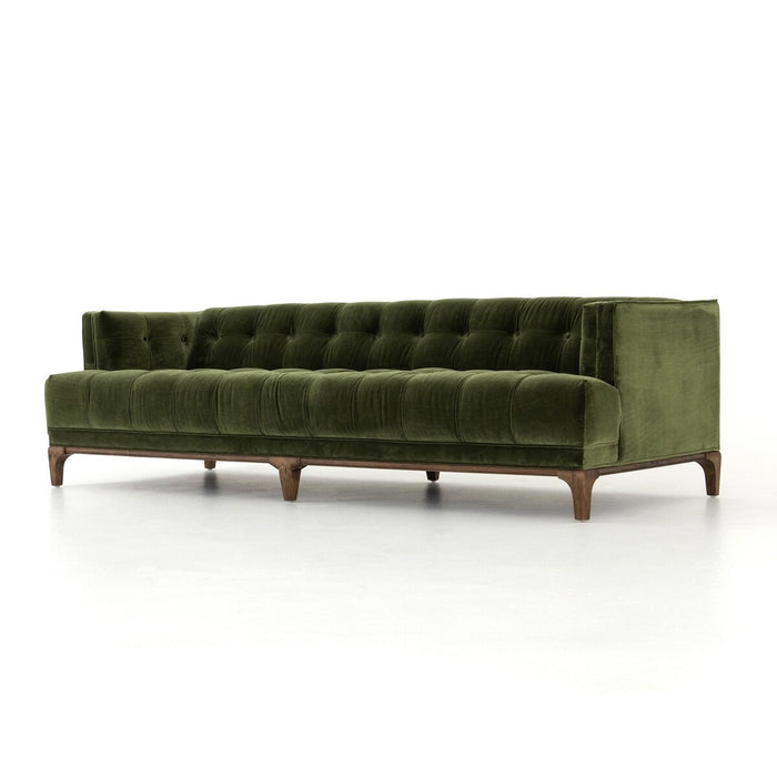 mid century tufted sapphire olive velvet fabric mid century inspired sofa amy koehn calgaryr designer calgary furniture shop
