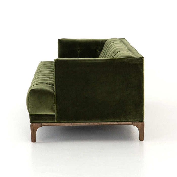 mid century tufted sapphire olive velvet fabric mid century inspired sofa amy koehn calgaryr designer calgary furniture shop