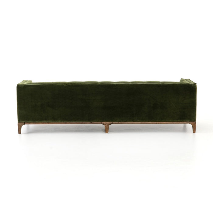mid century tufted sapphire olive velvet fabric mid century inspired sofa amy koehn calgaryr designer calgary furniture shop
